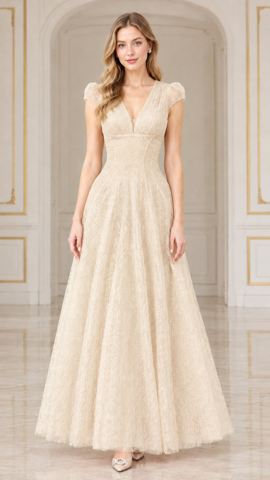 Front view of champagne lace A-line maxi evening gown