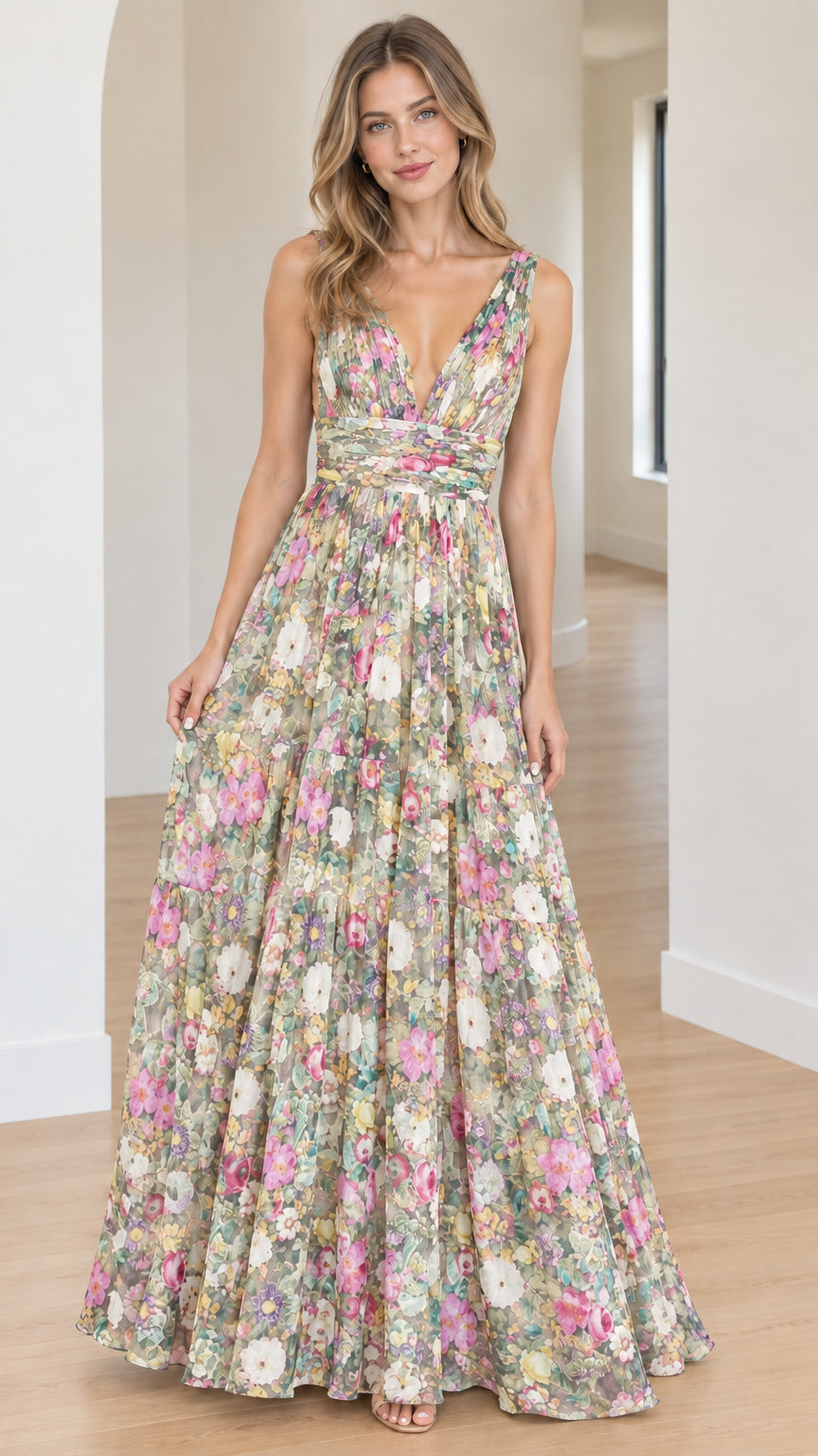 Model wearing a champagne floral pleated sleeveless tiered maxi dress