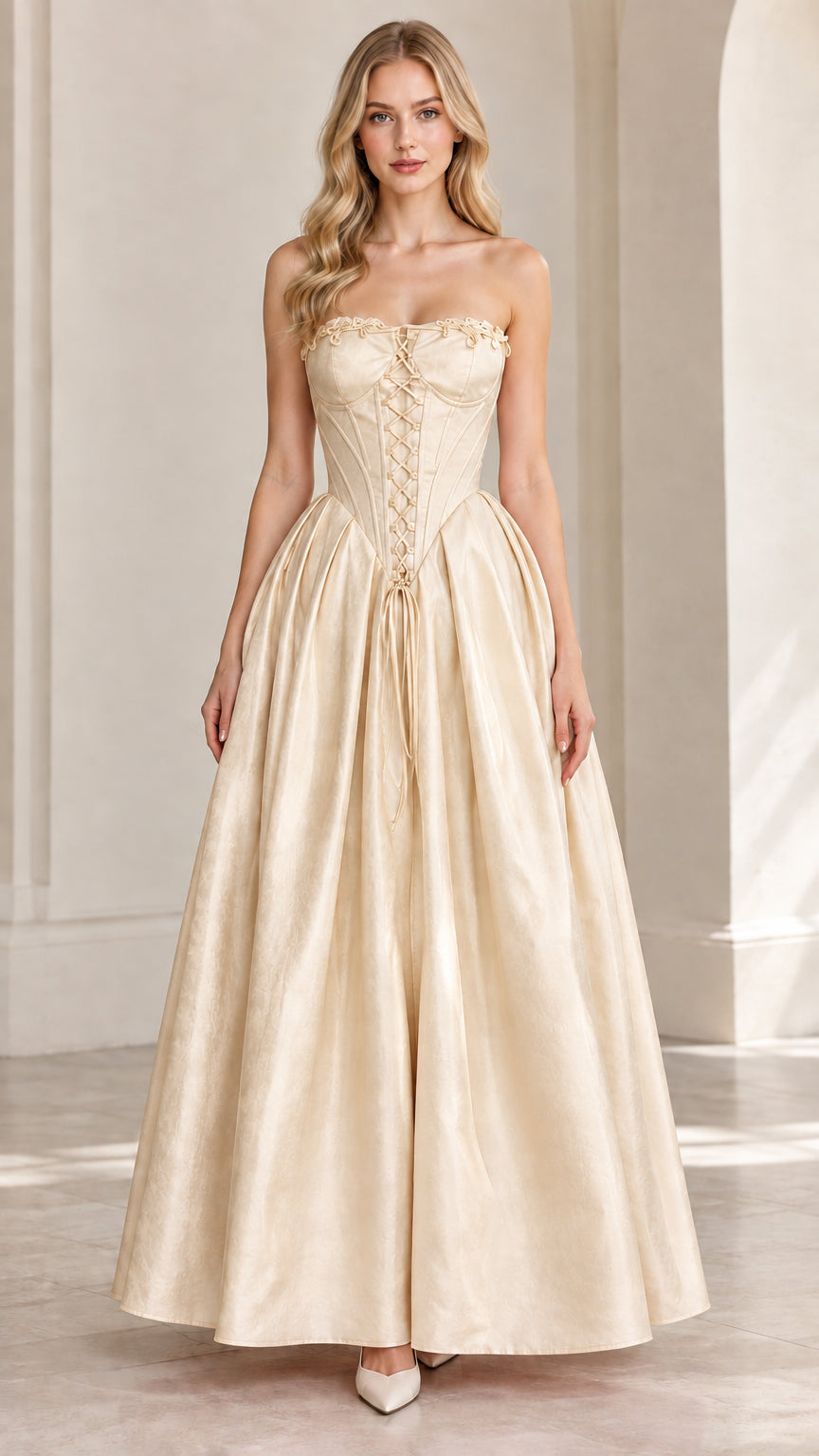 Front view of model wearing champagne strapless corset evening maxi dress