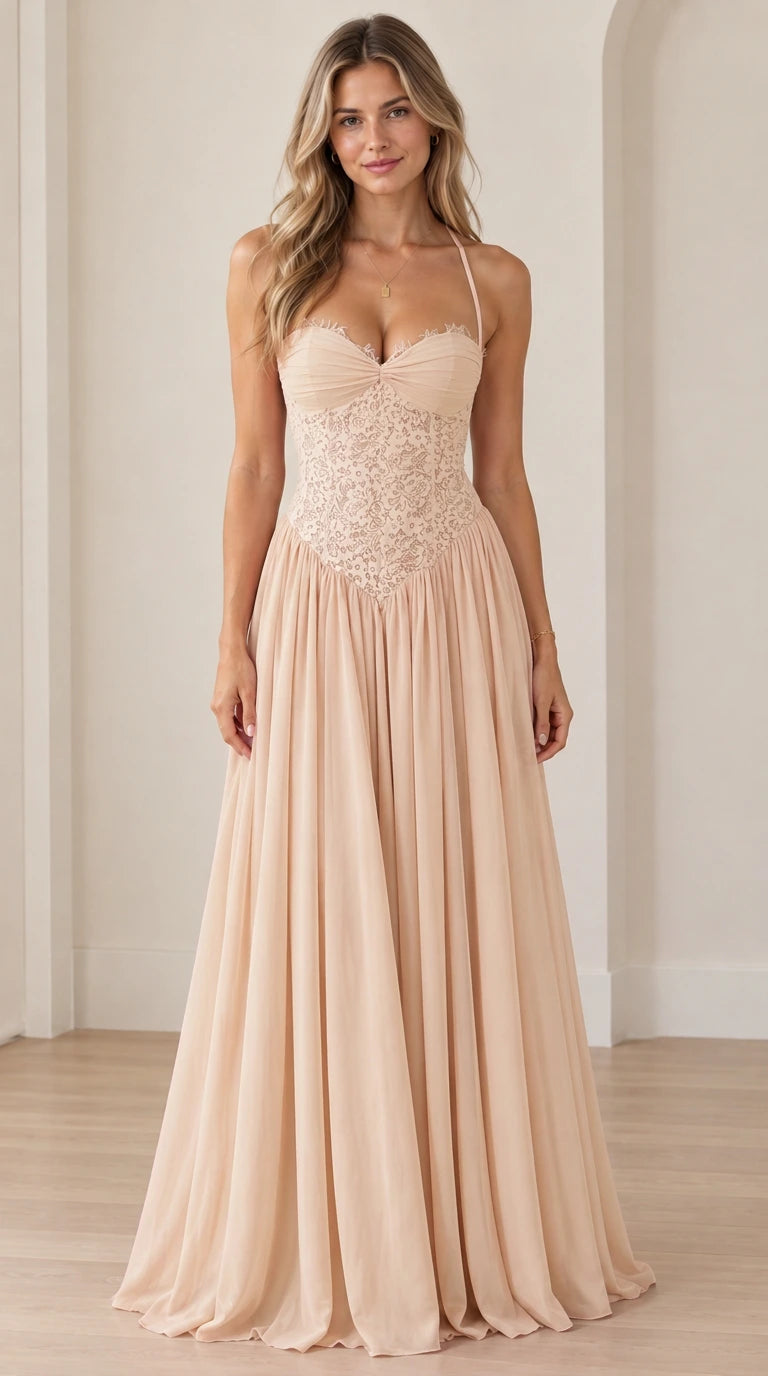 Front view of woman wearing champagne corset lace floor-length formal dress