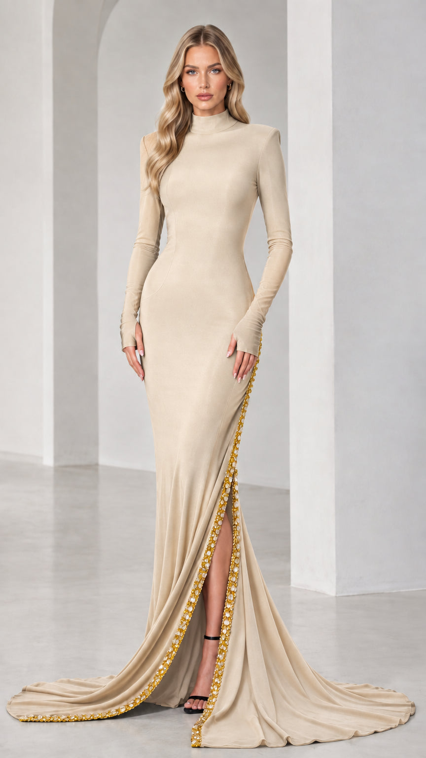 Model wearing champagne beige high neck long sleeve evening gown with beaded slit