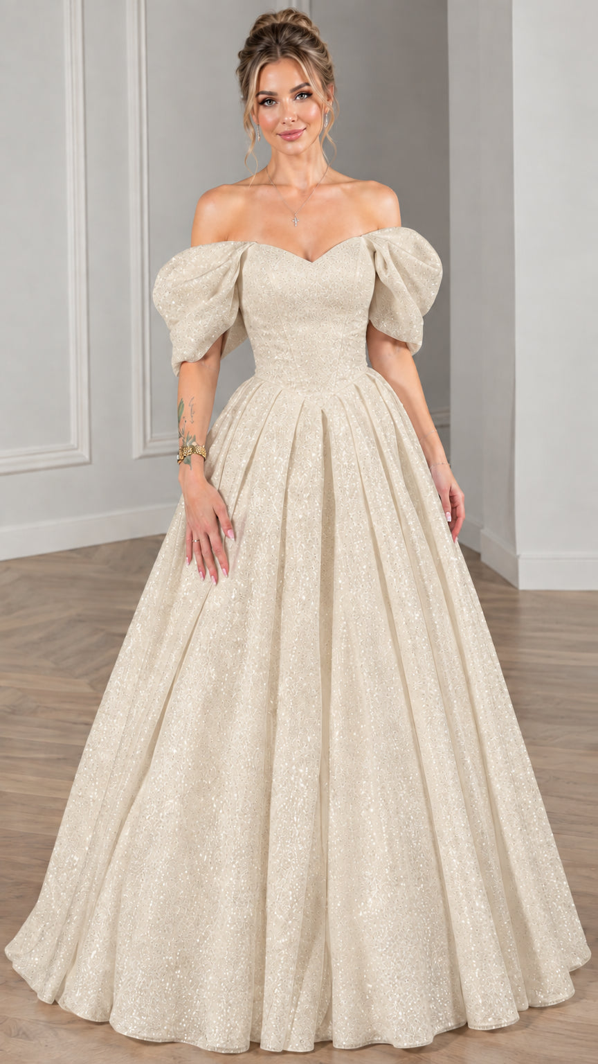 Model wearing champagne gold glitter formal puff-sleeve ball gown