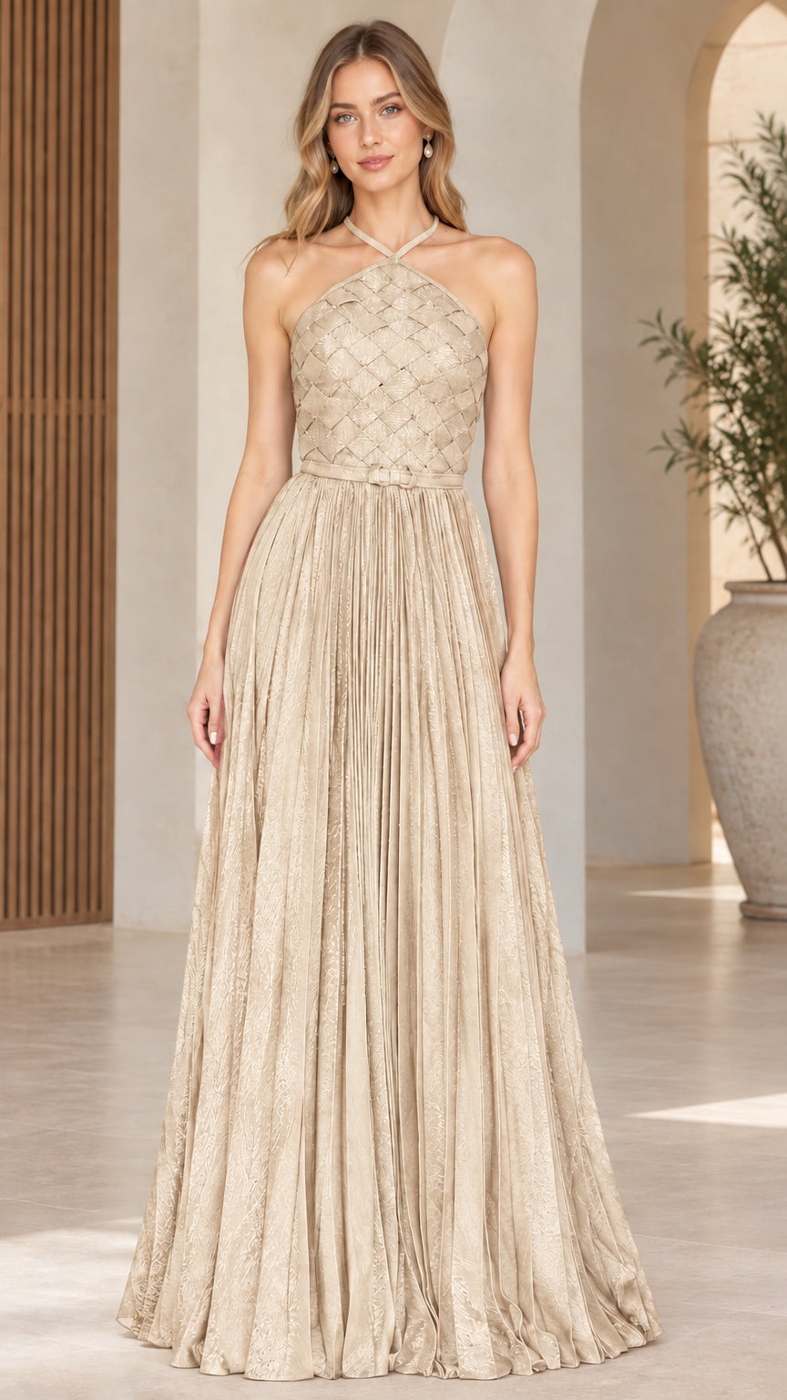 Front full-length view of Champagne gold halter neck woven bodice pleated maxi evening dress