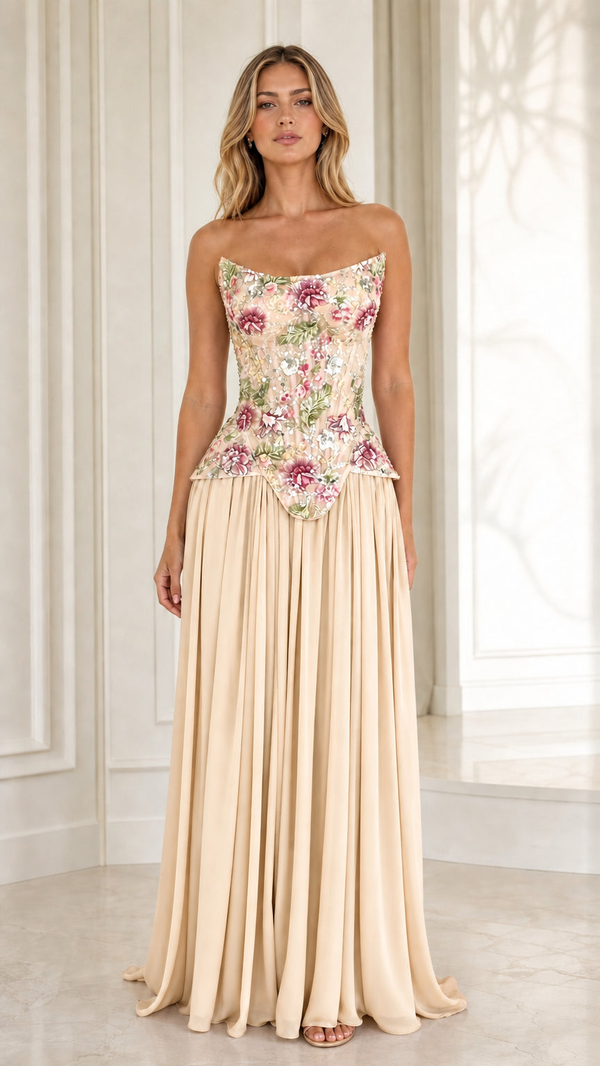 Champagne strapless maxi dress with floral embroidered basque bodice