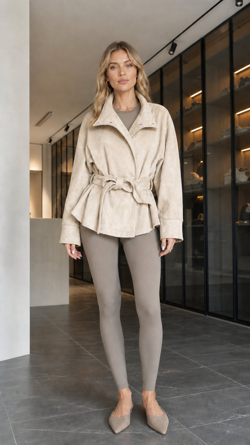 Model wearing cream beige faux suede belted wrap jacket
