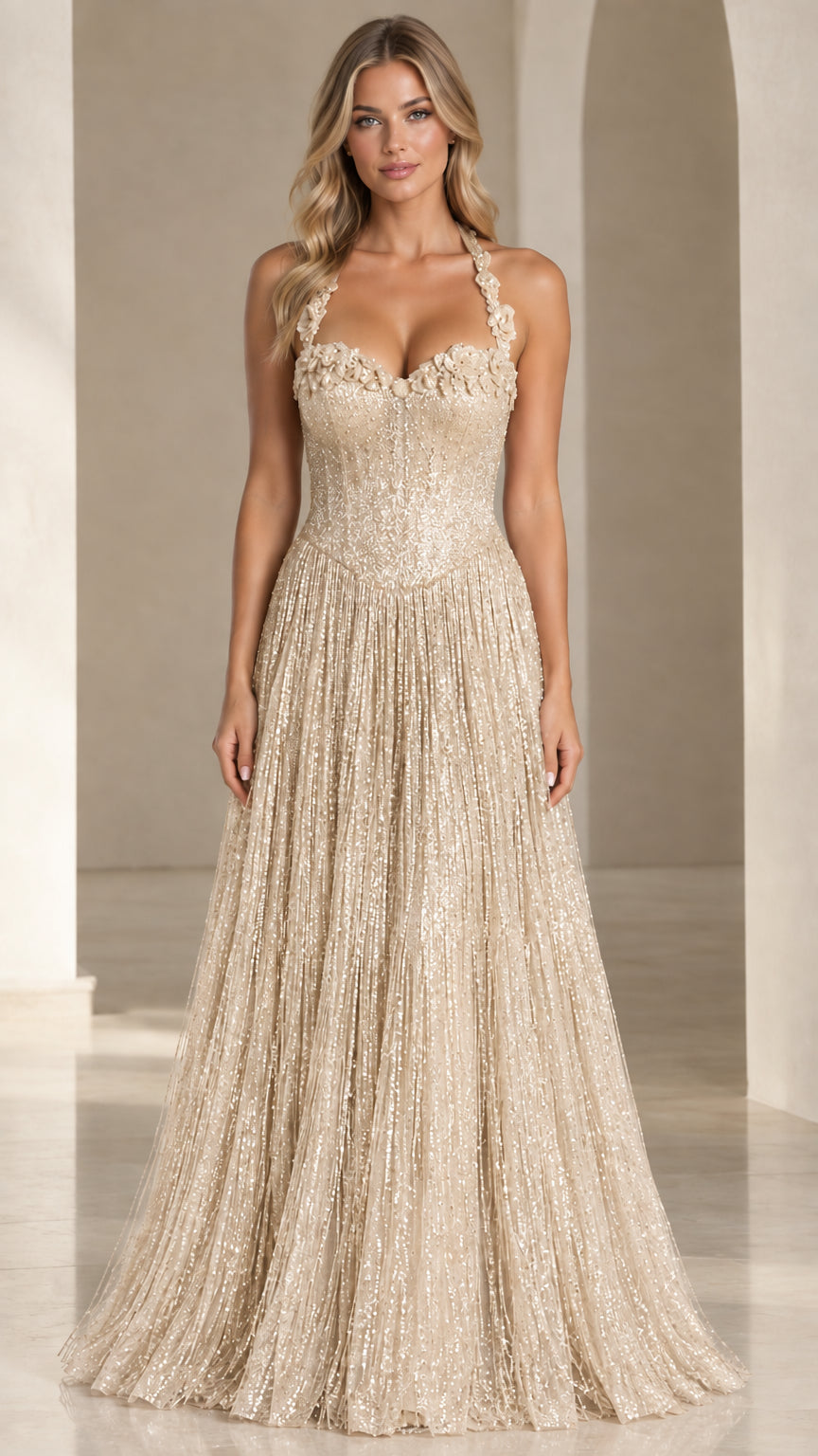 Front view of woman wearing champagne gold floral applique halter sequin maxi dress
