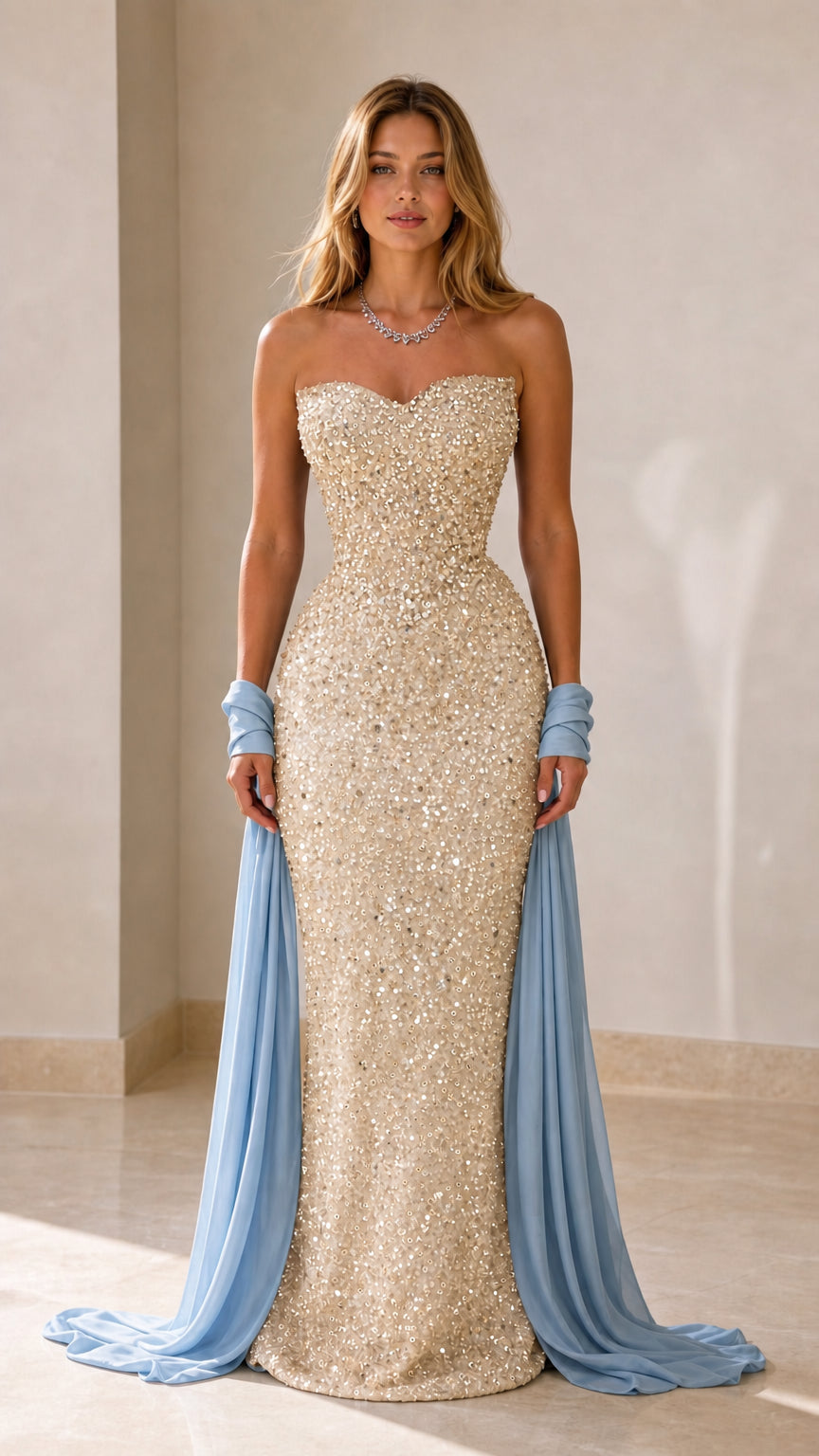 Front view of a champagne sequin strapless mermaid formal gown with pale blue draped accents