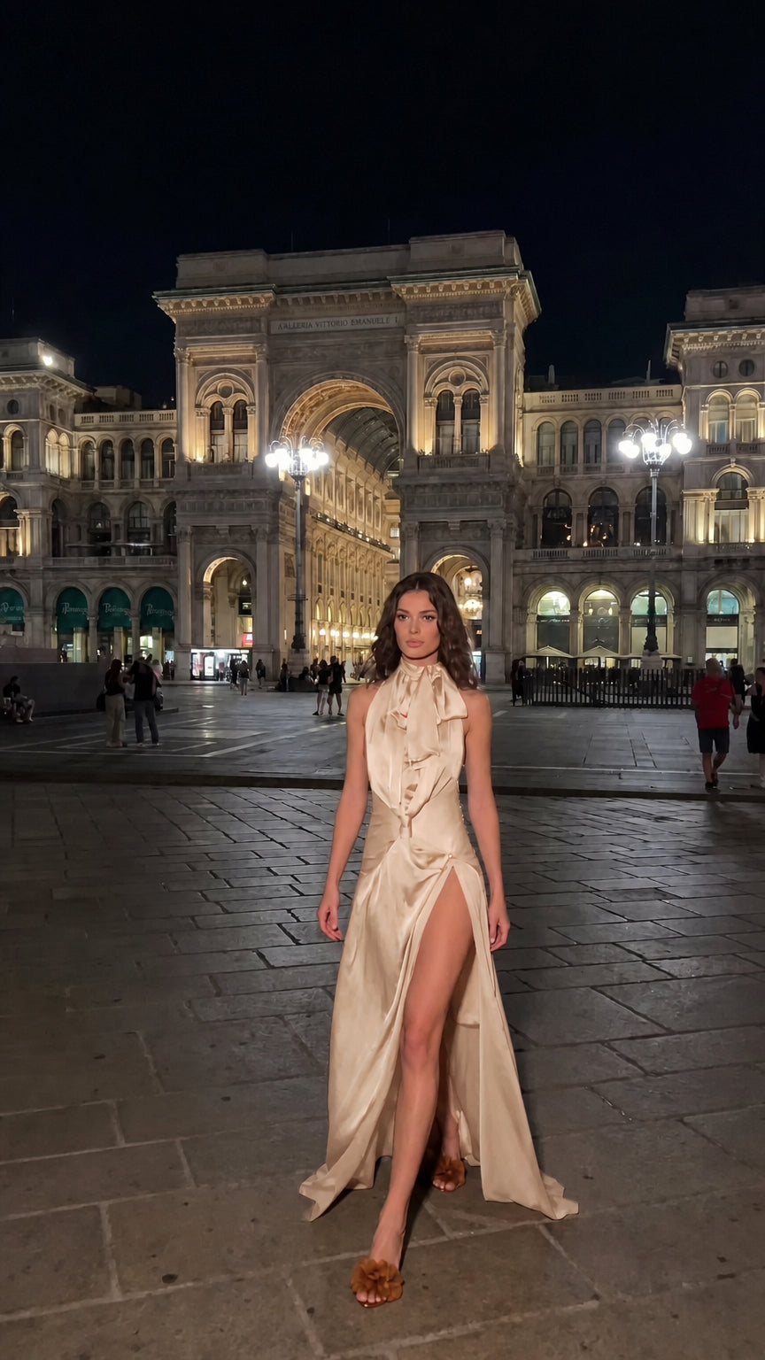 Woman modeling champagne beige satin halter neck evening dress