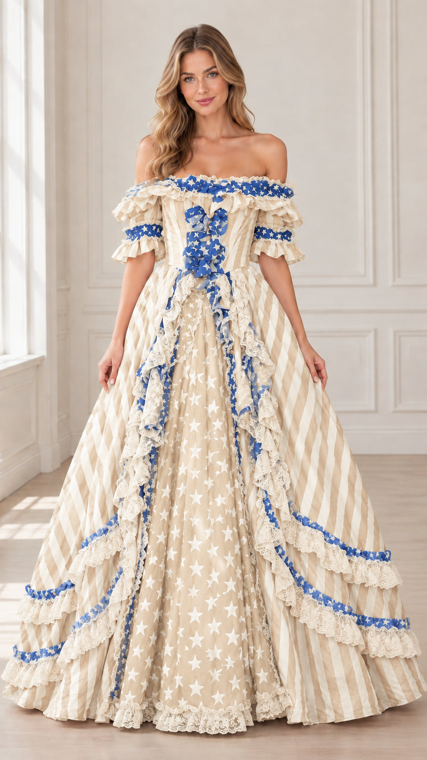 Full front view of champagne and blue starry tiered ruffle costume ball gown