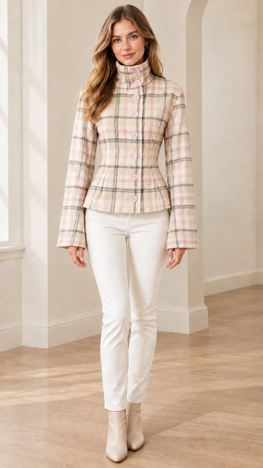 Full-length front view of pink and beige plaid peplum jacket styled with white trousers