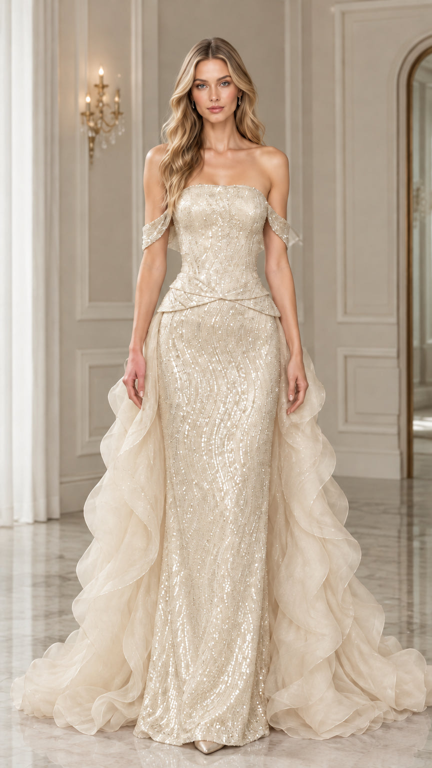Champagne gold off-shoulder sequin mermaid evening gown with dramatic ruffled train
