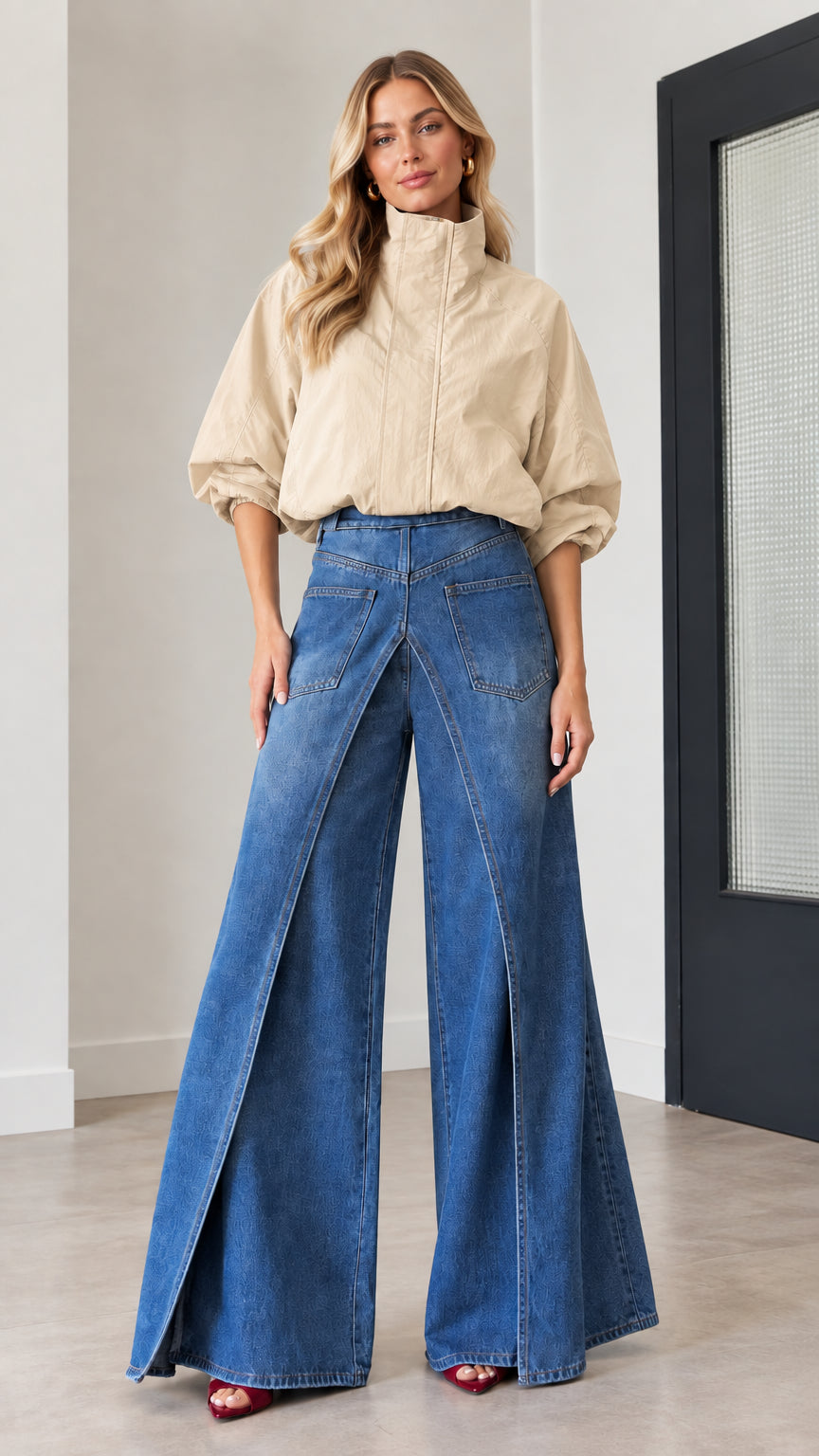 Woman wearing beige high-neck windbreaker jacket with blue wide-leg overlap denim jeans