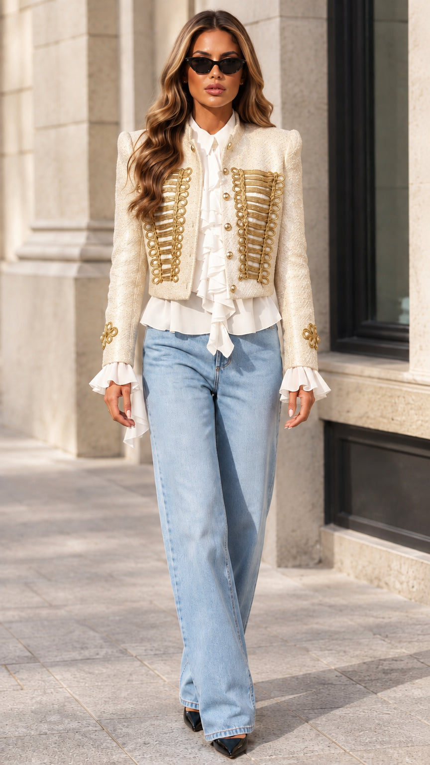 Model wearing beige cream military tweed jacket with gold cord frogging and white ruffles