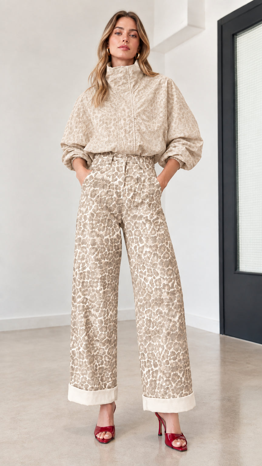 Full look featuring matching beige leopard print blouson top and wide-leg trousers