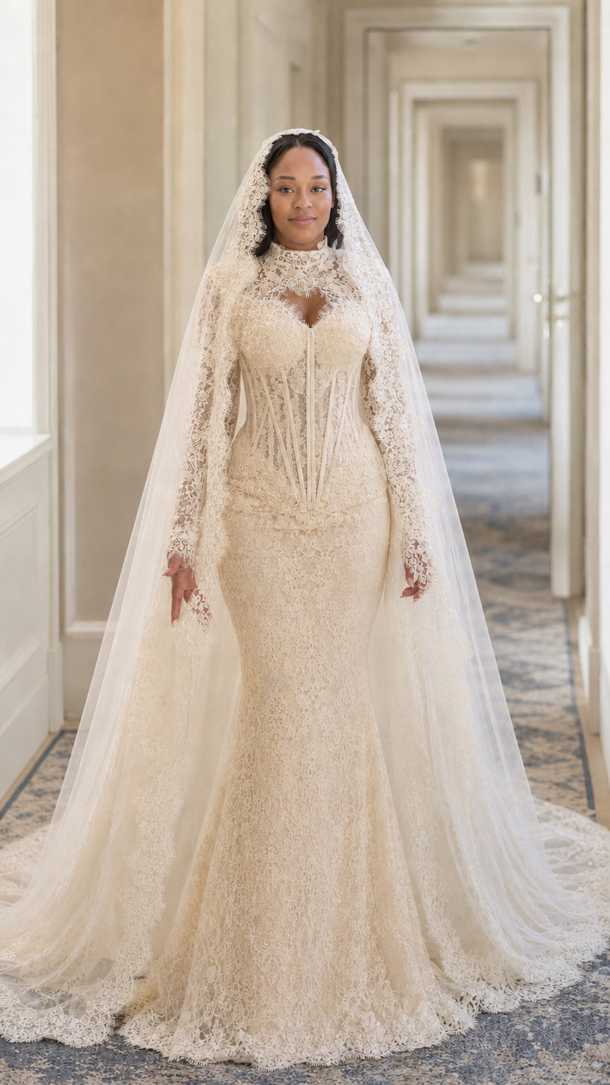 Champagne lace bridal gown with illusion high neckline and corset detail