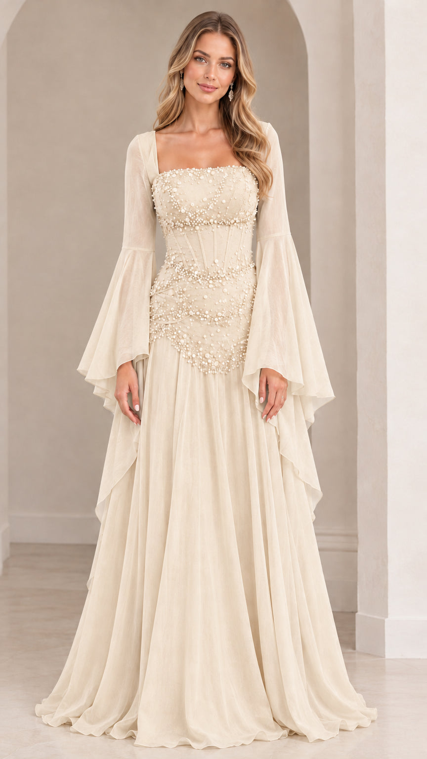Champagne beige square neck corset maxi dress with delicate beadwork and sheer bell sleeves