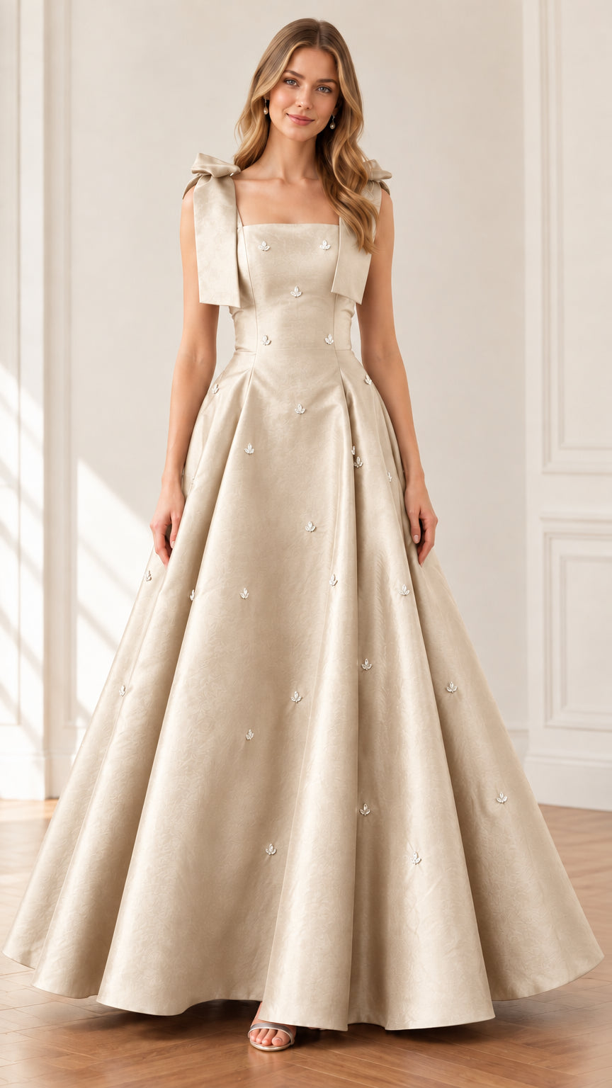 Front full view of woman modeling champagne beige bow shoulder crystal embellished formal gown