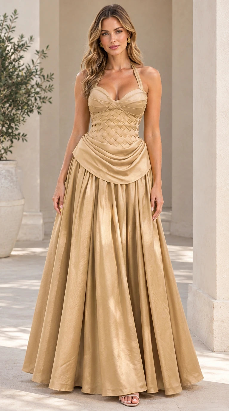 Model wearing the halter neck woven corset evening gown in elegant champagne gold