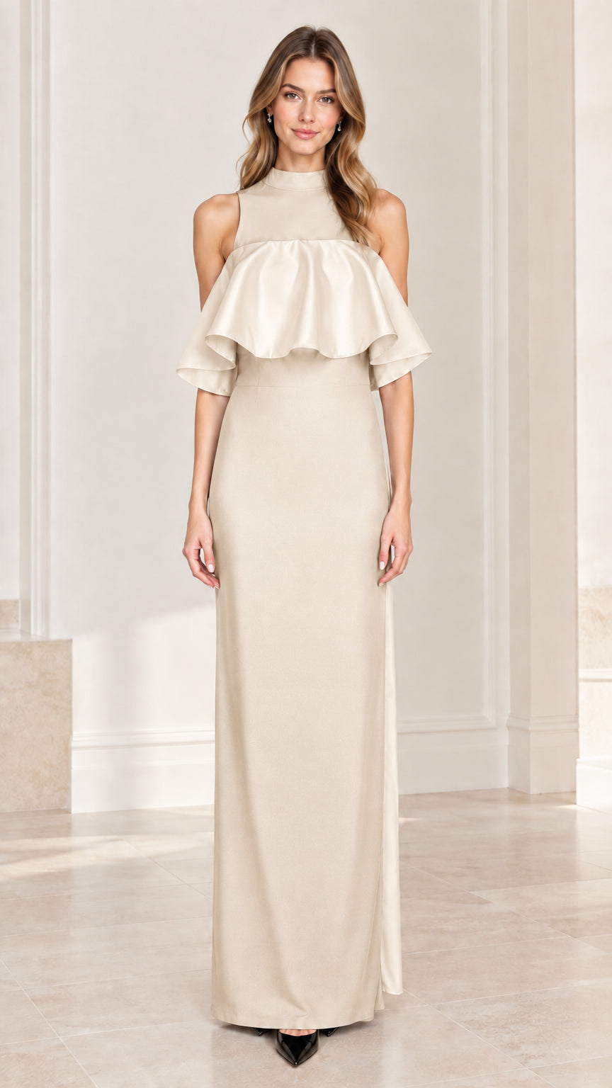 Front view of model wearing champagne beige high neck column maxi dress with matching ruffle overlay