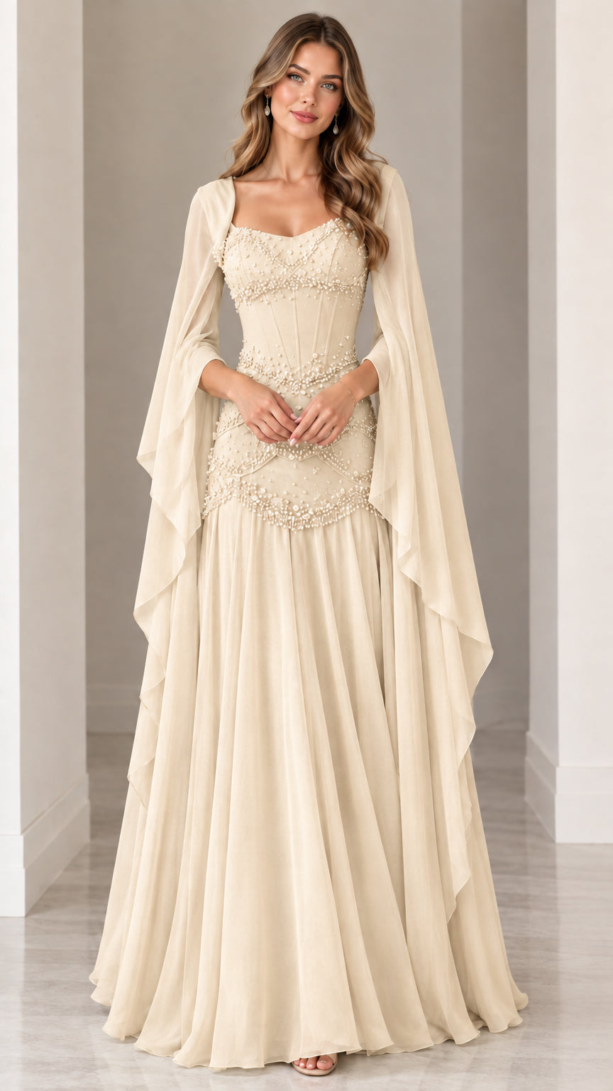 Front view of champagne ivory embellished evening gown with floor-length cape sleeves