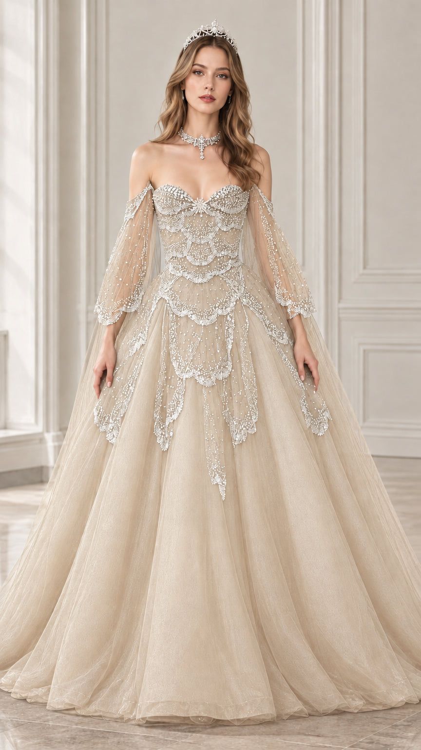 Front view of champagne beige off-the-shoulder beaded tulle ball gown