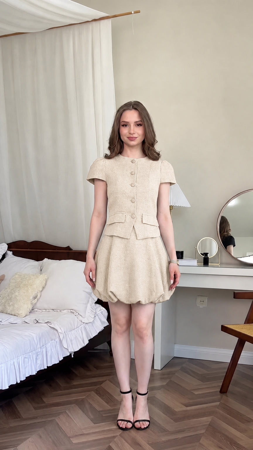 Front view of model wearing beige oatmeal tweed two-piece bubble skirt set