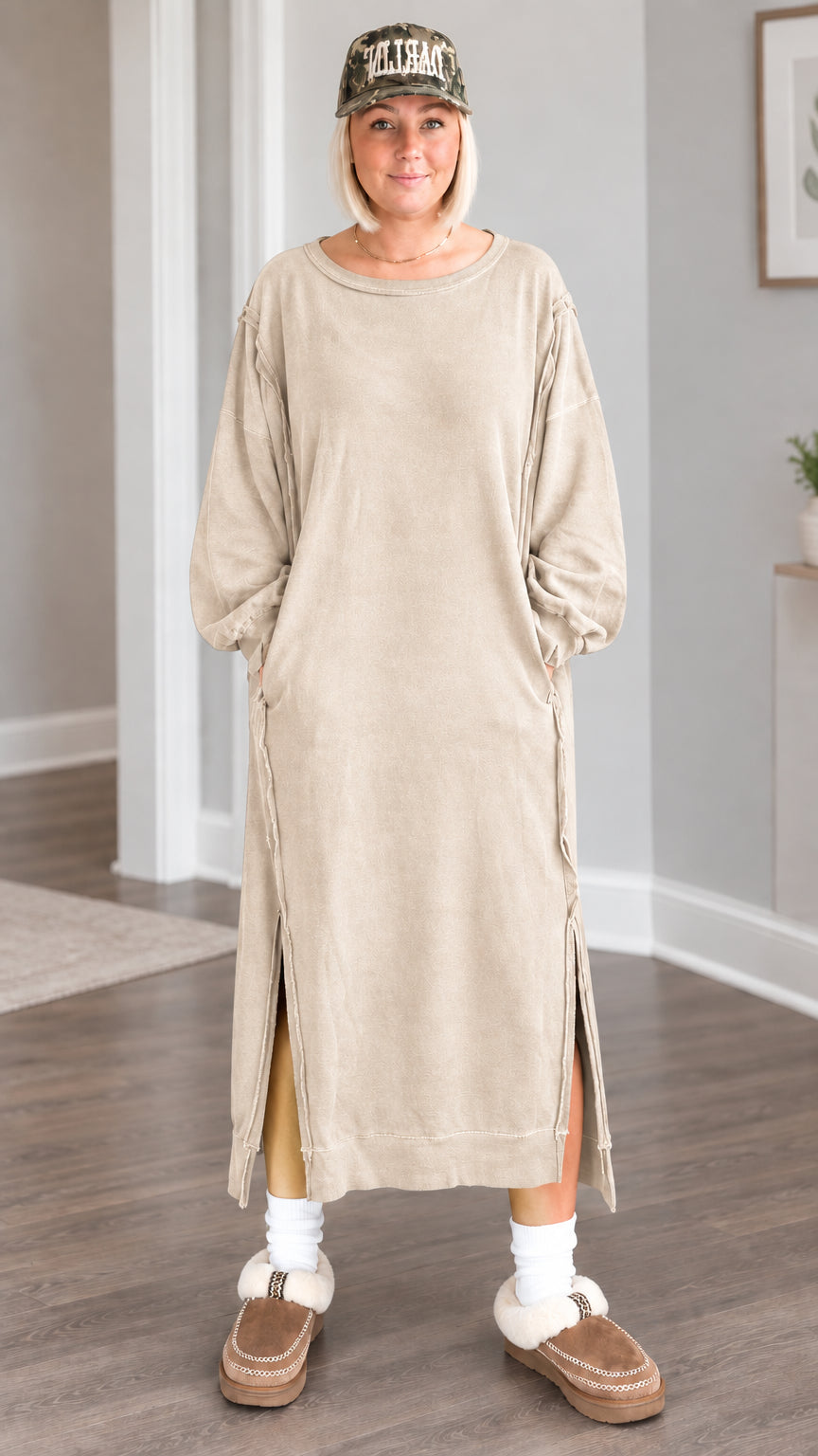 Front full view of the relaxed maxi sweatshirt dress in washed sand beige