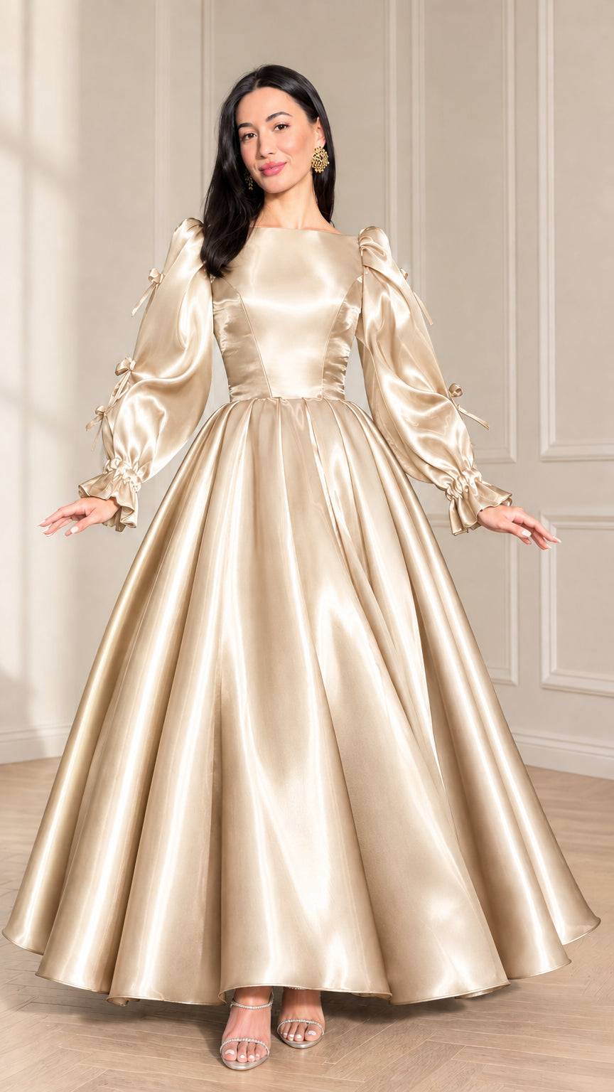 Front full-length view of champagne gold satin ball gown with puff sleeves