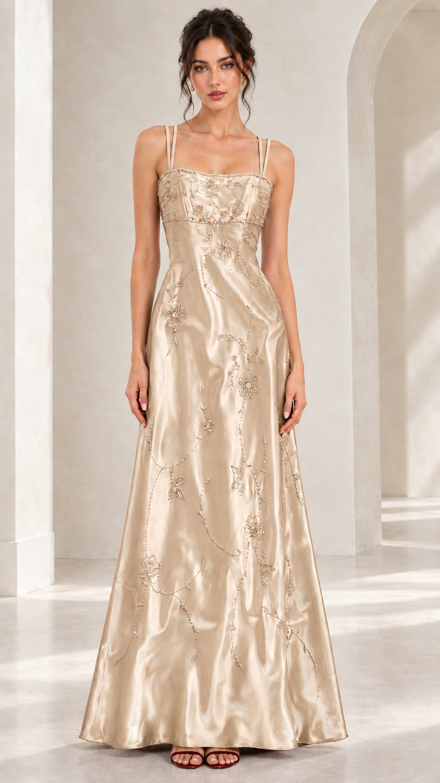Front view of champagne gold double strap beaded satin evening maxi dress