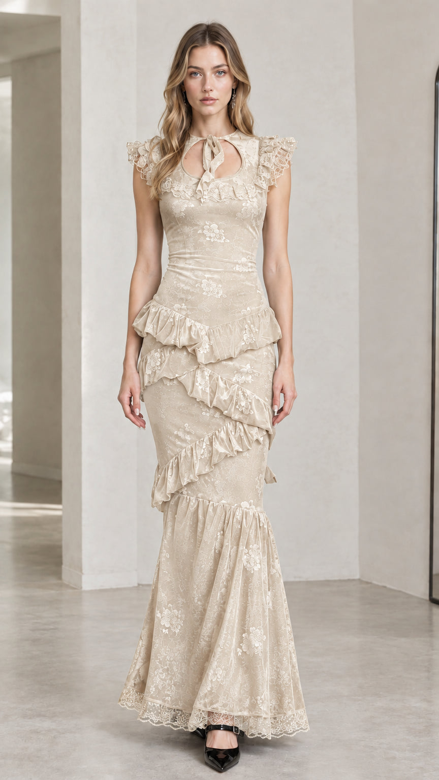 Front full-length view of model wearing champagne cream floral jacquard tiered mermaid dress