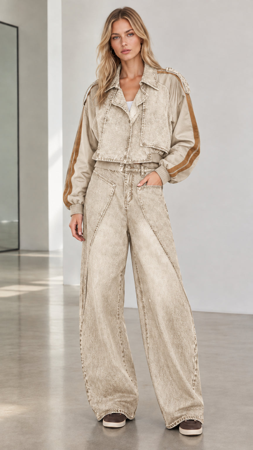 Model wearing beige washed denim cropped jacket and wide-leg pants two-piece set