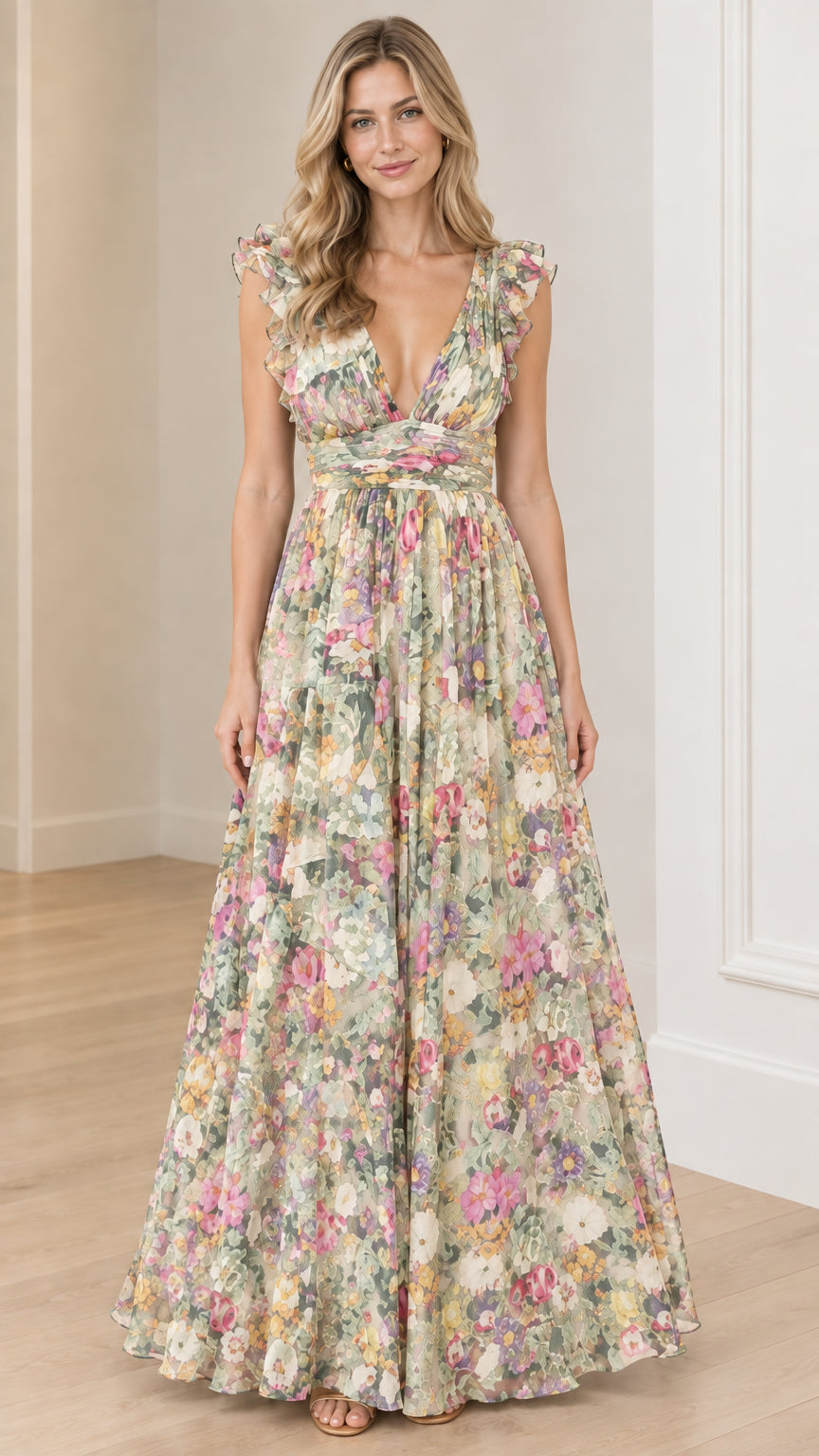 Model wearing cream beige floral open back plunge maxi dress