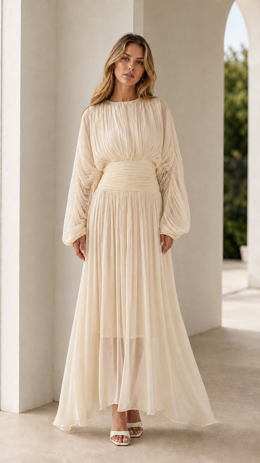 Champagne beige pleated long sleeve maxi dress