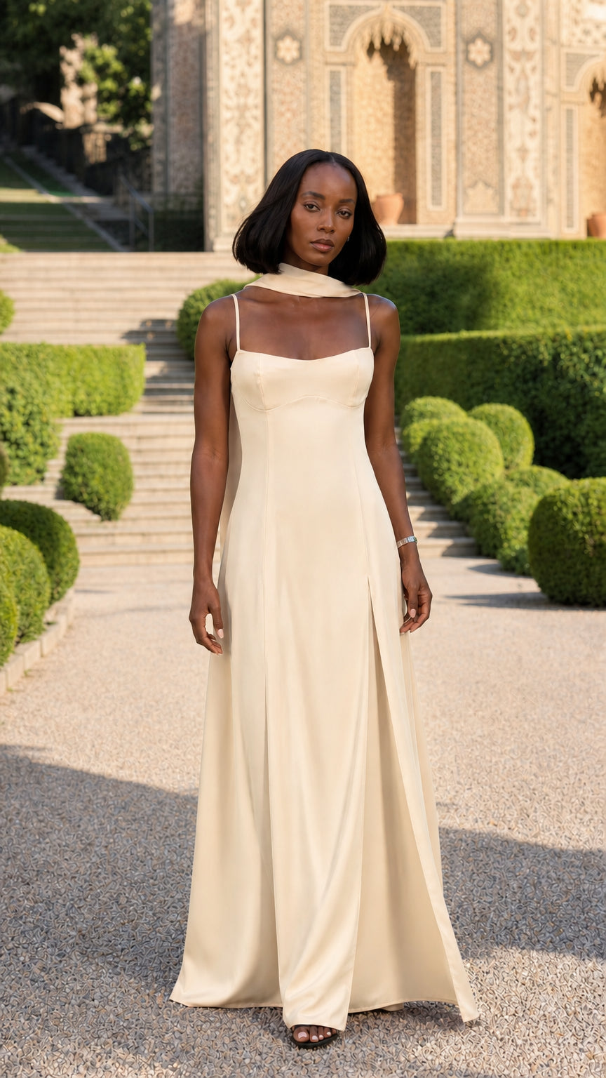 Woman wearing champagne cream spaghetti strap maxi dress with matching scarf