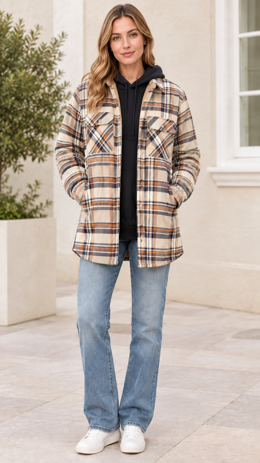 Front view of model wearing Beige plaid fleece-lined hooded shacket