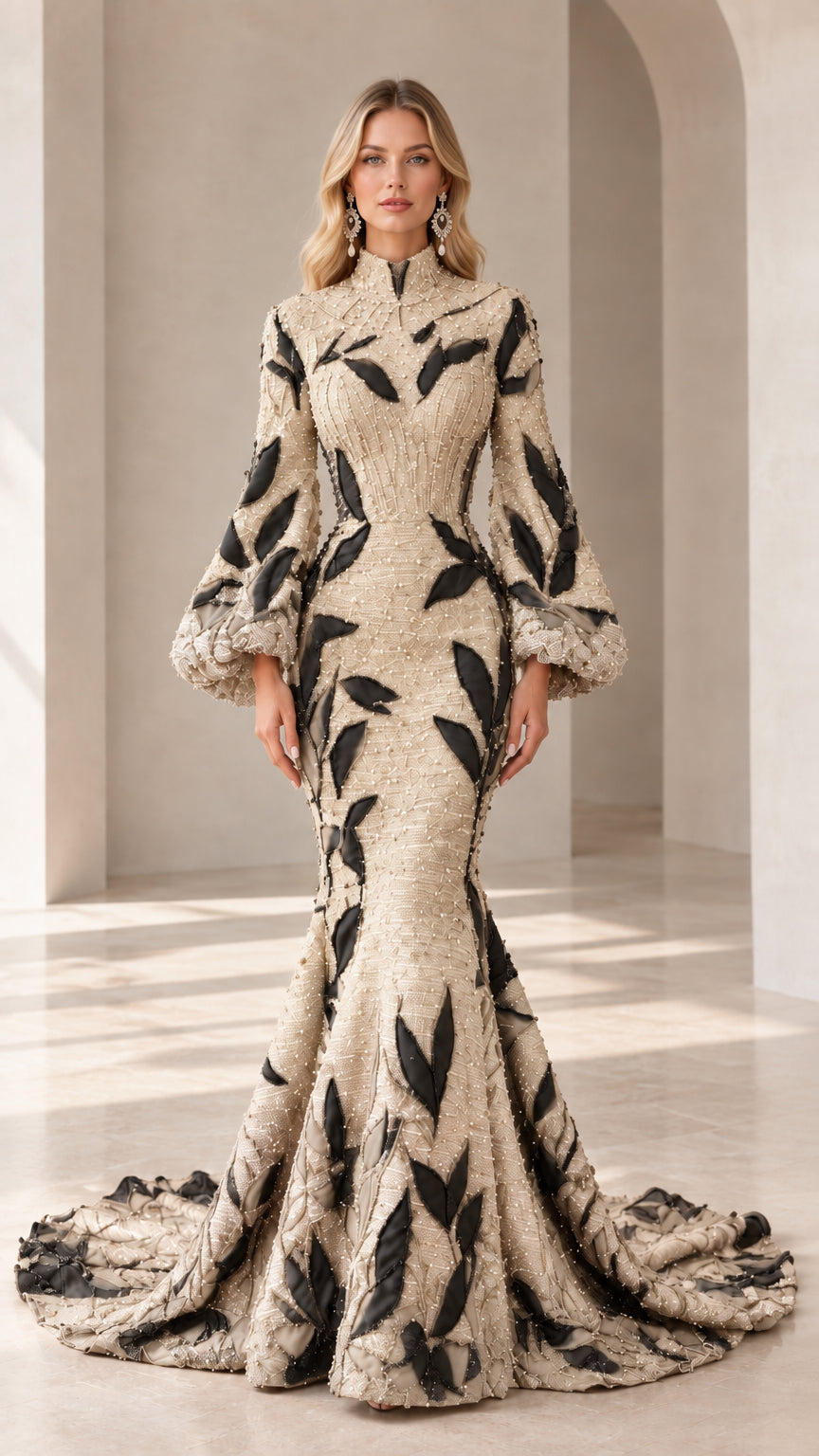 Champagne gold beaded high-neck lantern sleeve mermaid gown with black leaf accents