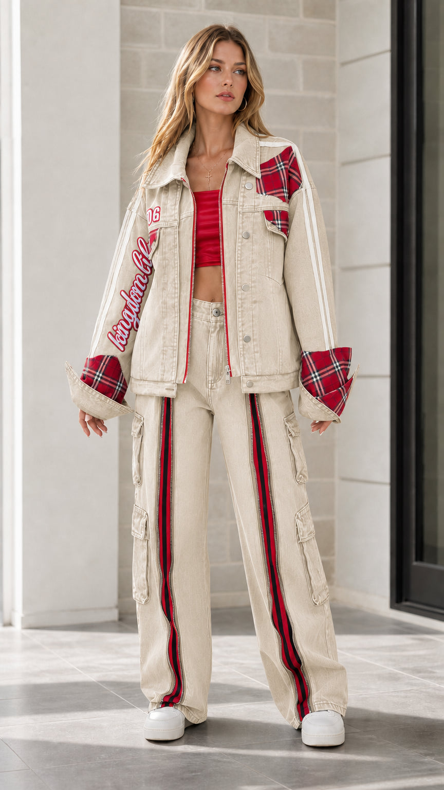 Model wearing Beige washed denim two-piece matching cargo set with red plaid details