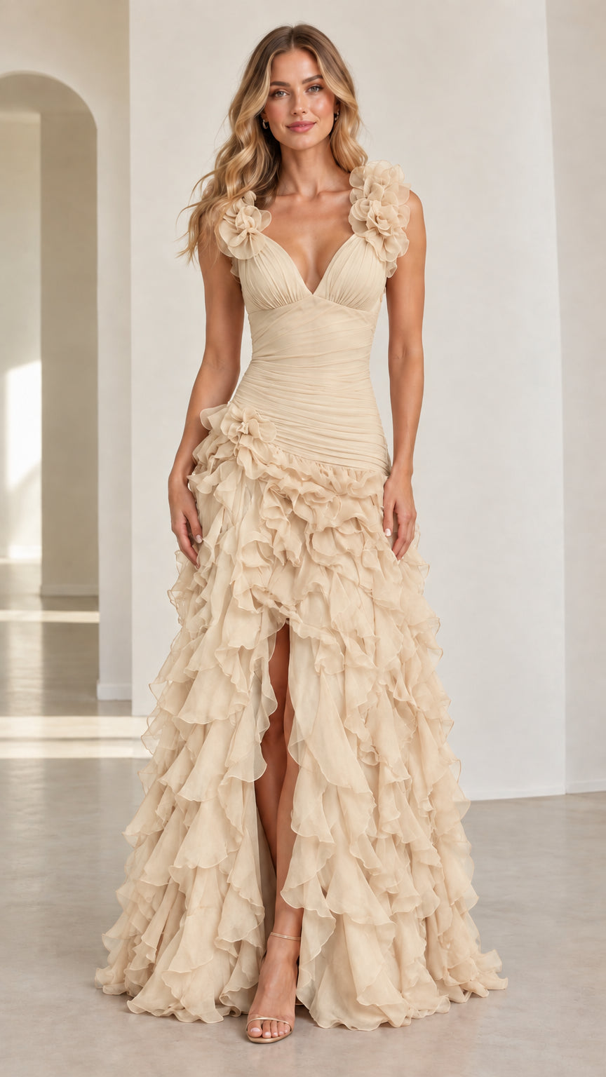Front view of model wearing champagne beige tiered ruffle formal maxi dress