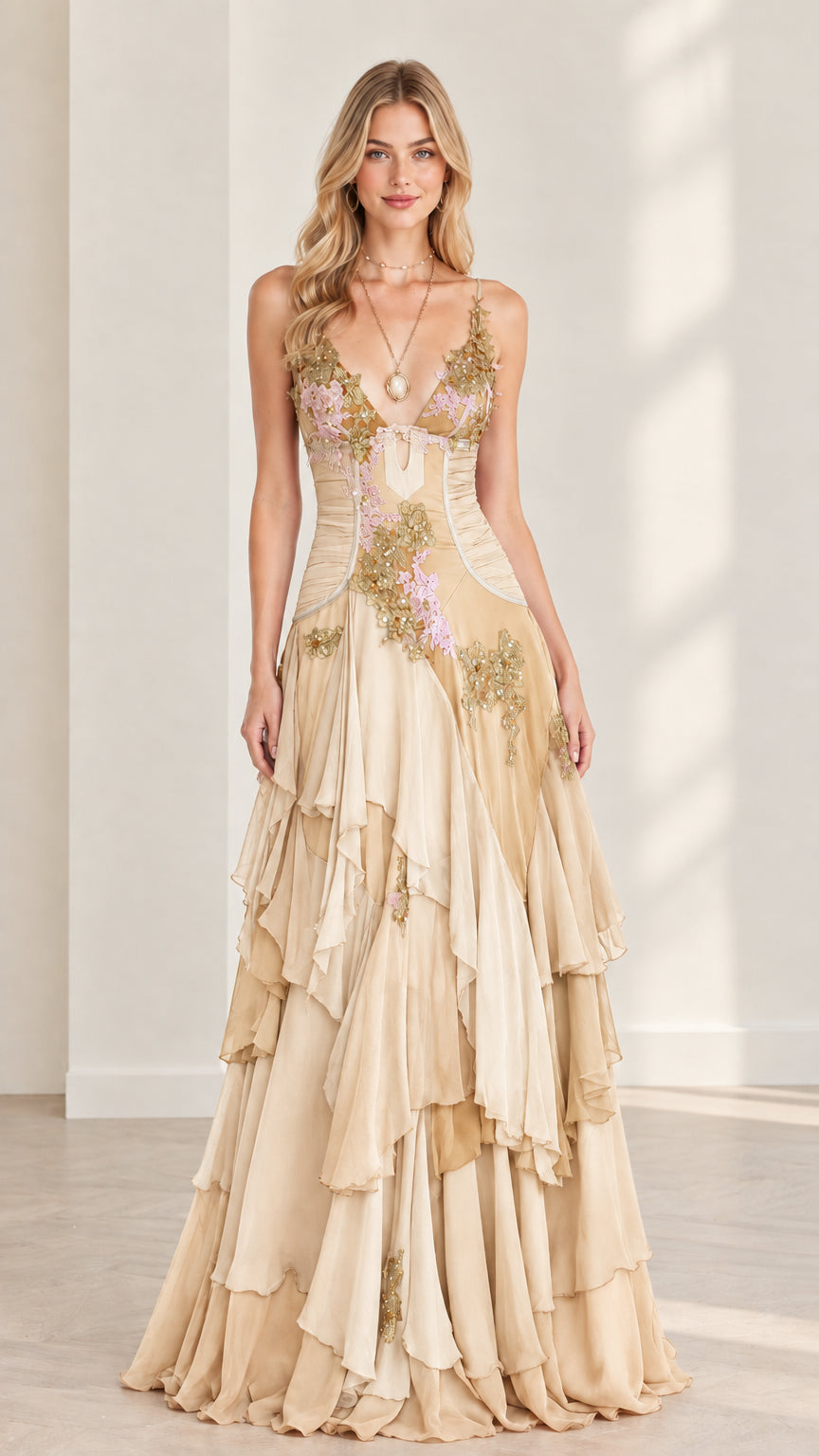 Model wearing champagne beige floral applique tiered evening gown
