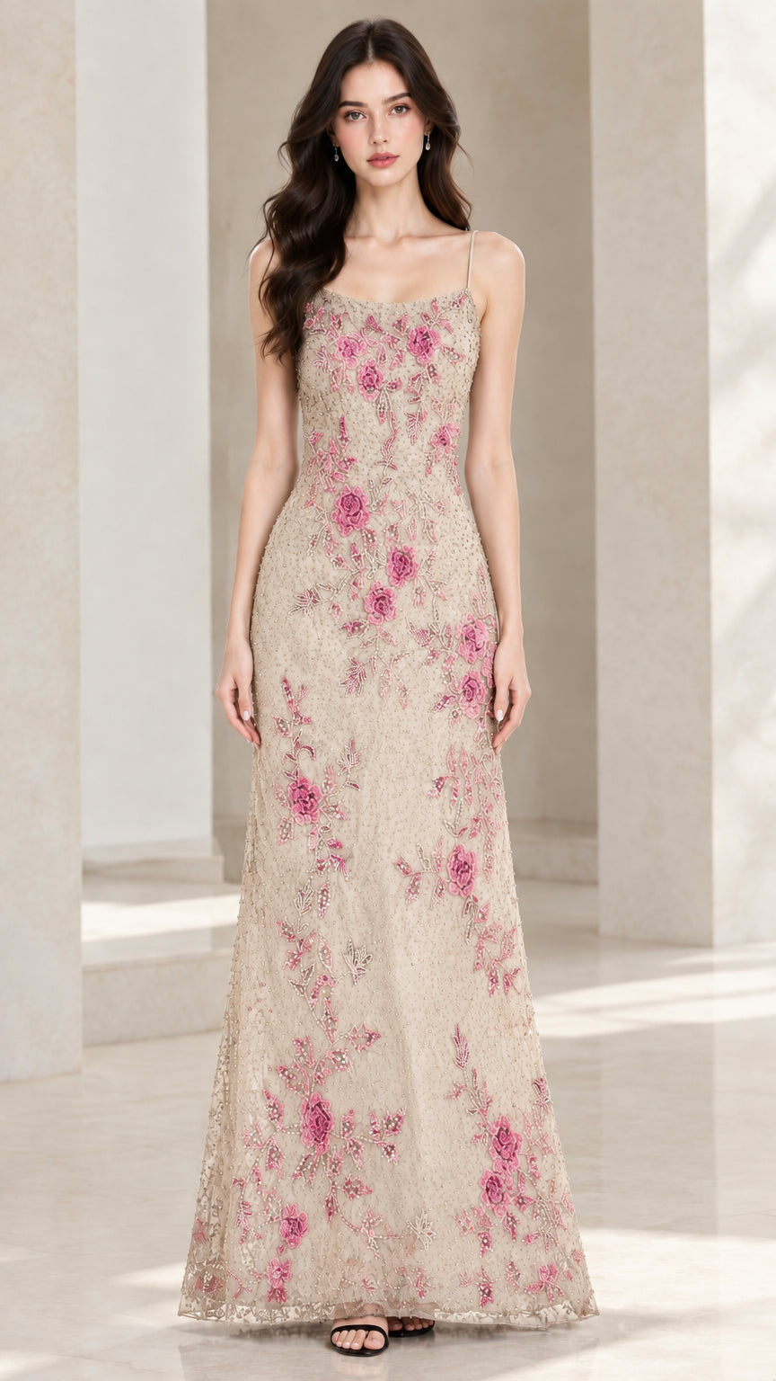 Front view of champagne beige floral embroidered floor-length gown