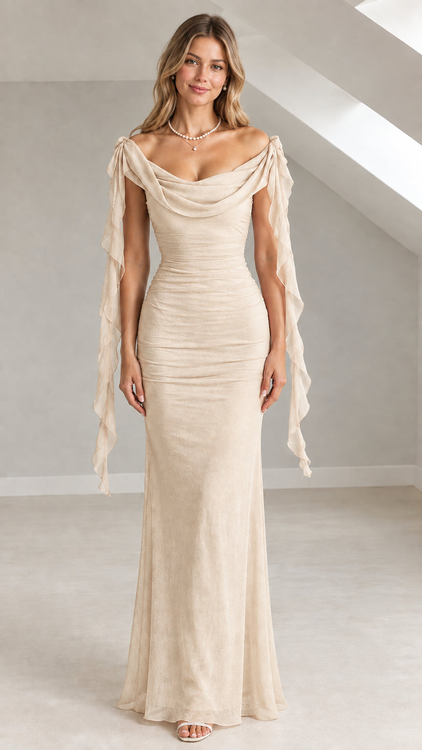 Front view of a model wearing an elegant champagne cream off-the-shoulder ruched maxi dress
