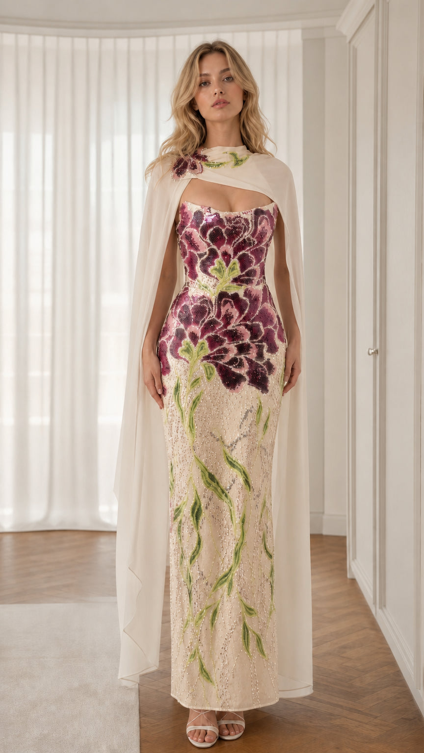 Front full-length view of champagne beige floral sequin gown with white cape overlay