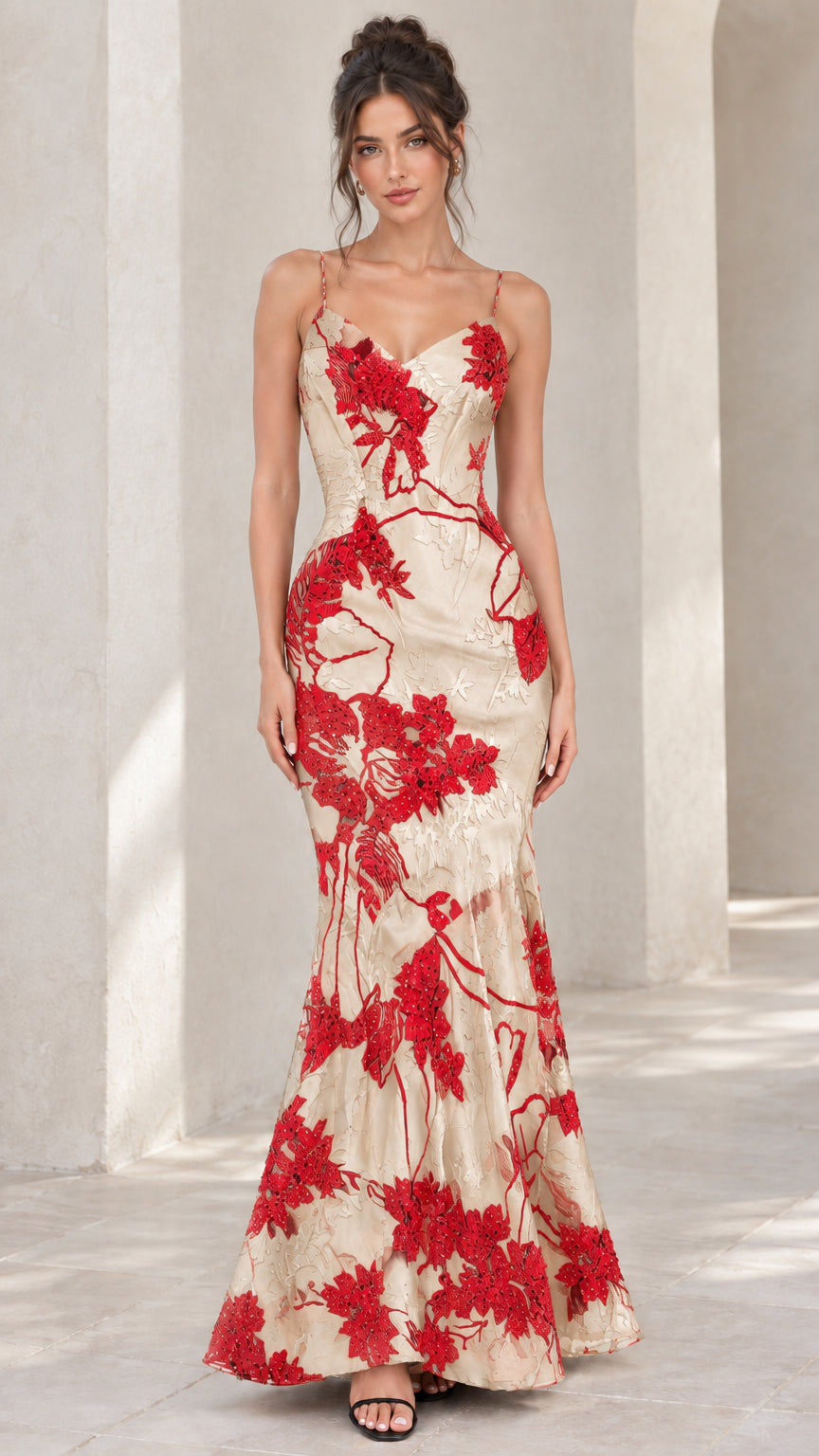 Front view of champagne beige mermaid evening gown with red floral embroidery