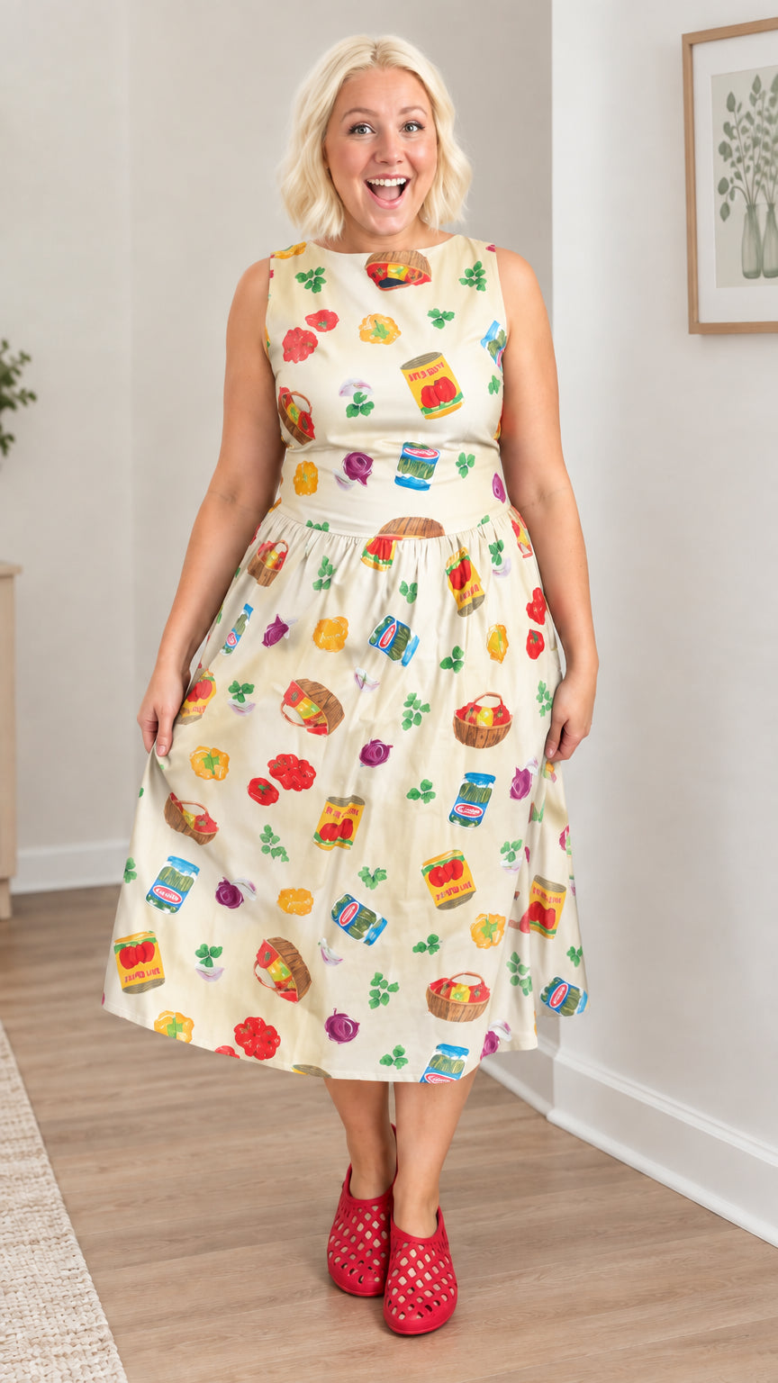 Cream vintage produce print sleeveless fit and flare midi dress