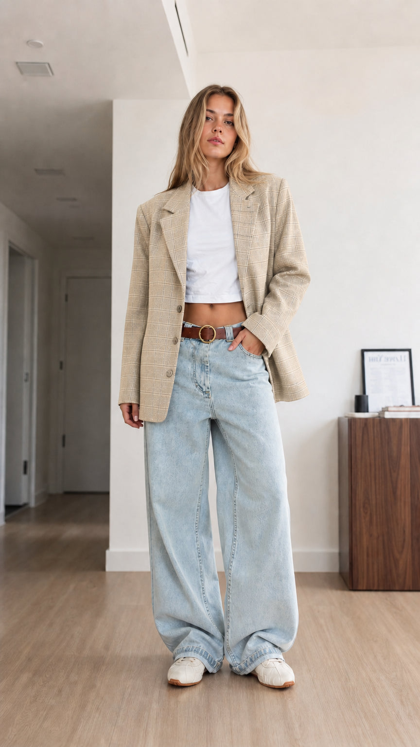 Model wearing beige tan plaid relaxed-fit blazer