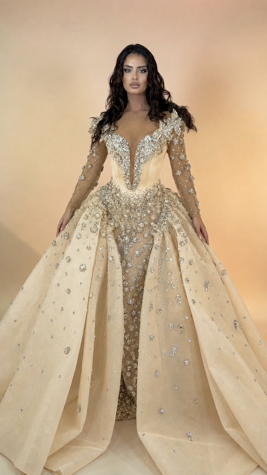 Full front view of champagne gold embellished sheer sleeve evening ball gown