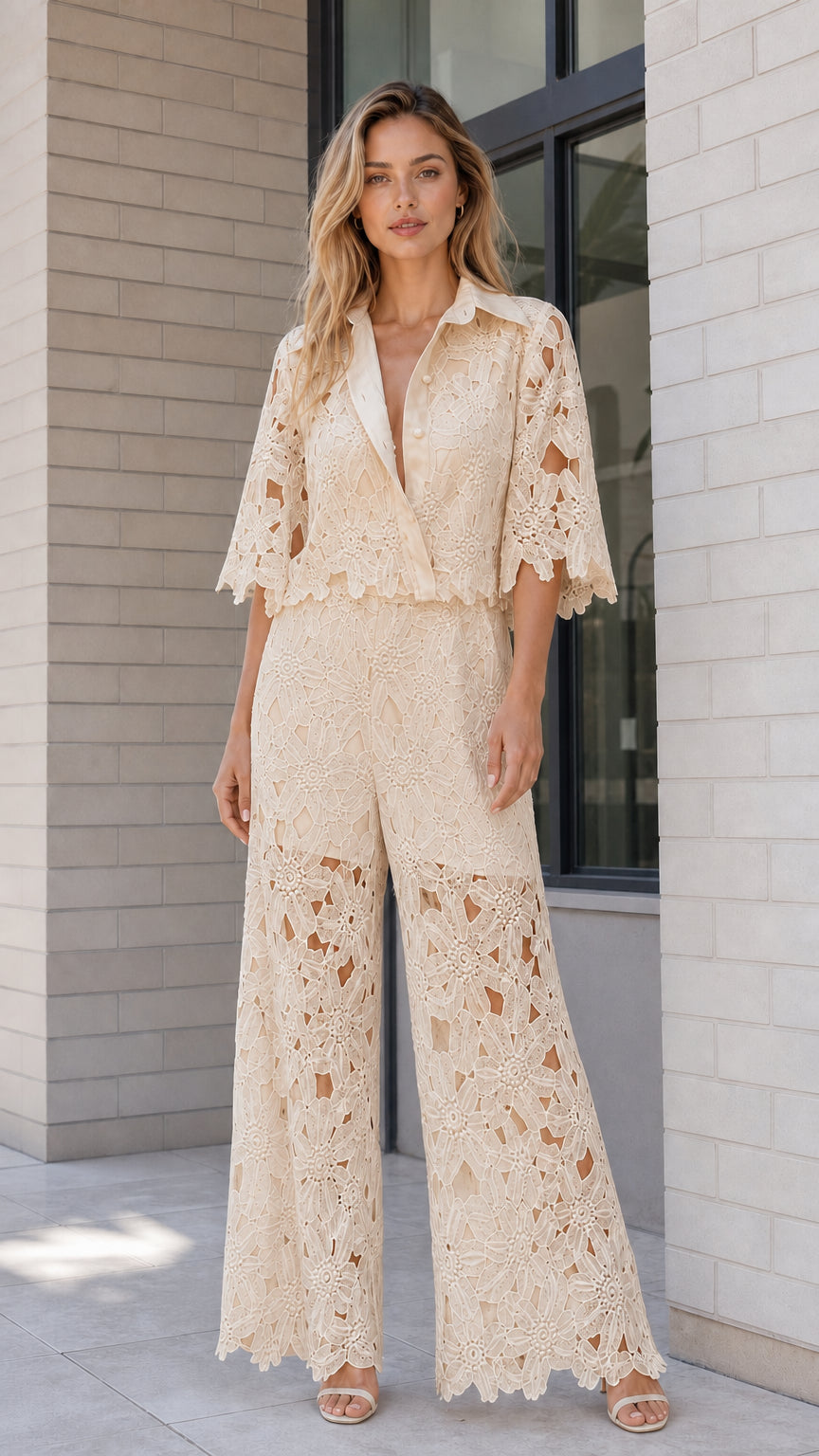 Model wearing beige champagne floral lace collared top and wide-leg pant set