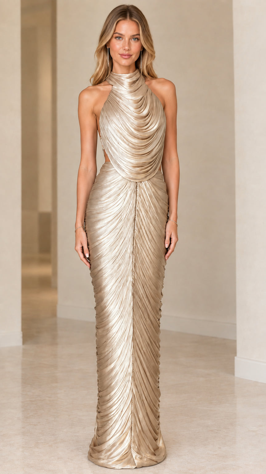 Champagne gold halter pleated cowl neck formal maxi gown