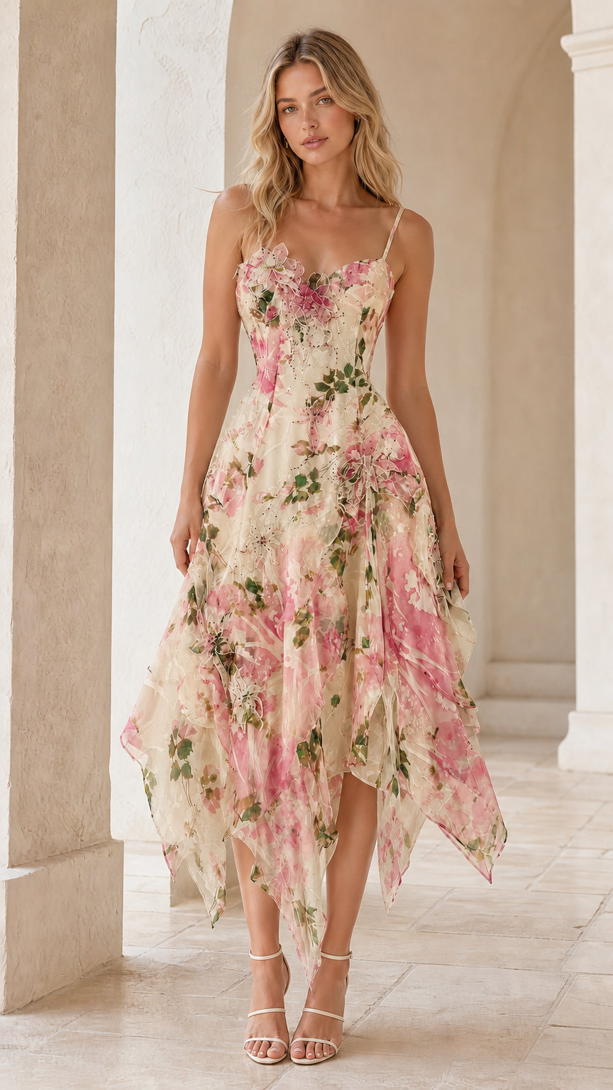 Model wearing champagne cream floral asymmetric handkerchief midi dress