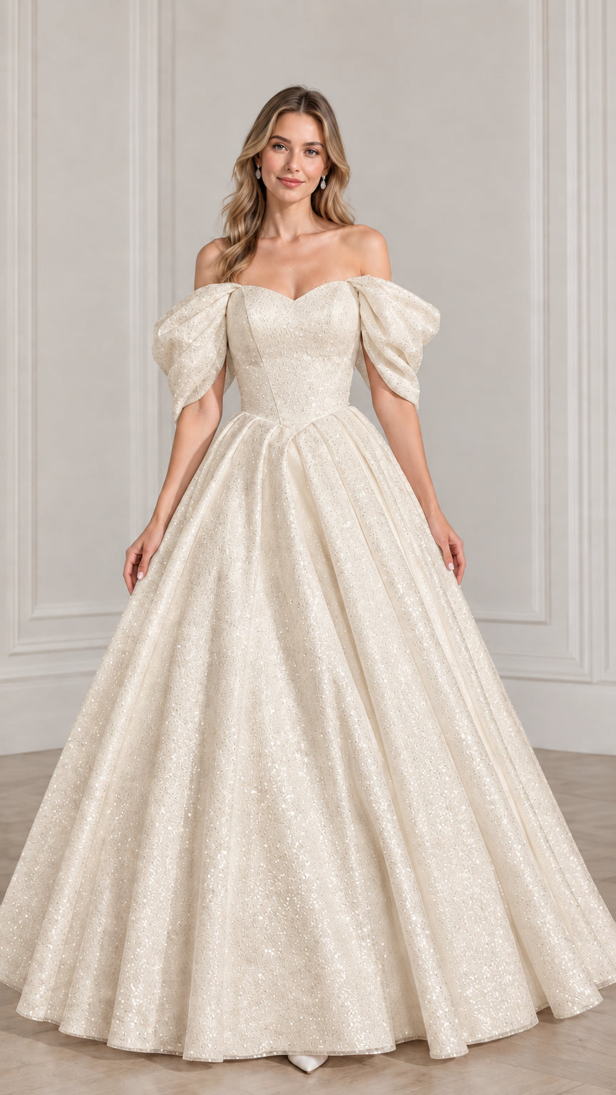 Full-length front view of model wearing champagne glitter off-the-shoulder puff sleeve ball gown